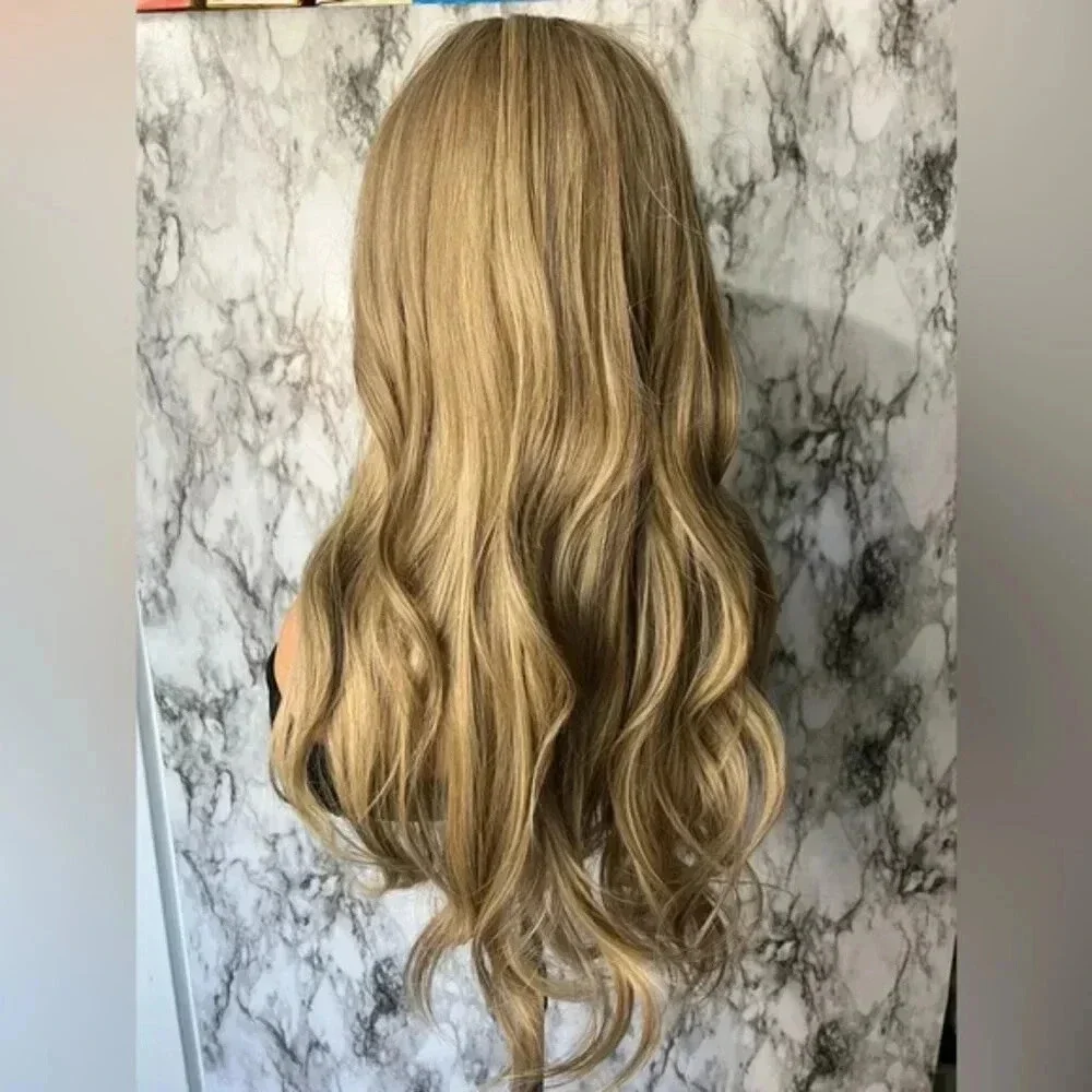 24 Inch Long Wave highlights Blonde wig with bangs
